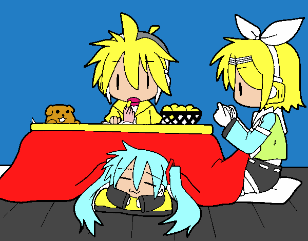 Miku, Rin y Len desayunando