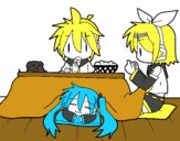 Dibujo Miku, Rin y Len desayunando pintado por estercho 