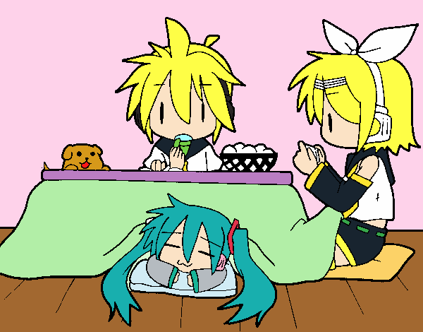 Miku, Rin y Len desayunando