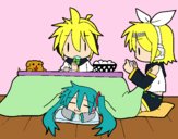 Miku, Rin y Len desayunando