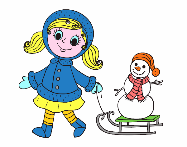 Niña con trineo y muñeco de nieve