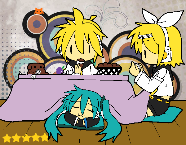 Miku, Rin y Len desayunando