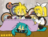 Dibujo Miku, Rin y Len desayunando pintado por ximegatito