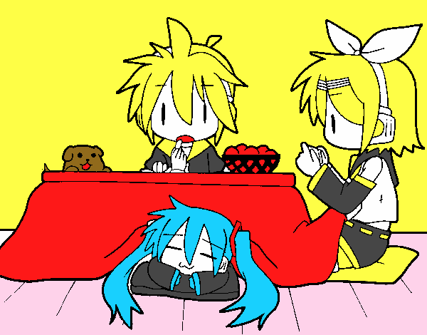 Miku, Rin y Len desayunando