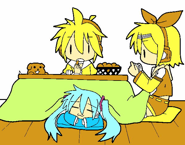 miku, len y rin en desayuno