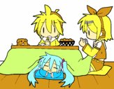 Miku, Rin y Len desayunando