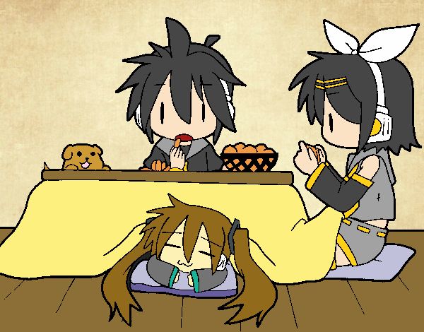 Miku, Rin y Len desayunando