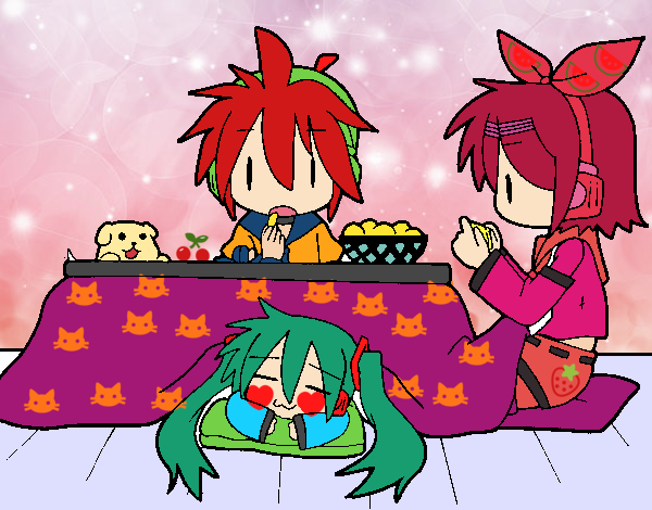 Miku, Rin y Len desayunando