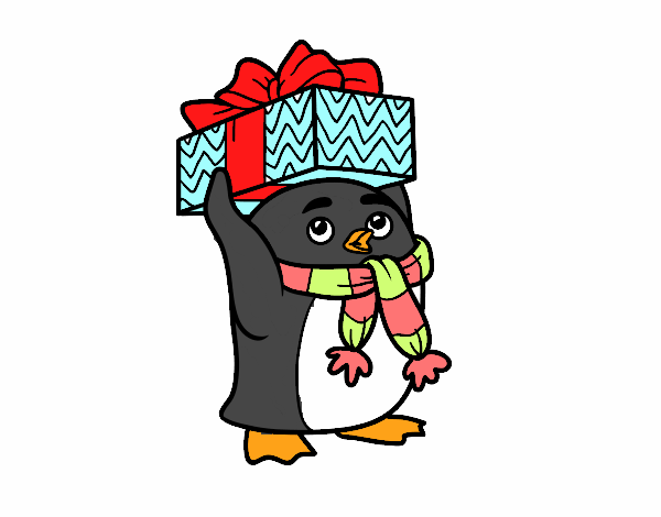 Dibujo Pingüino con regalo de Navidad pintado por beadani