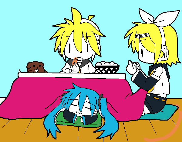 Miku, Rin y Len desayunando