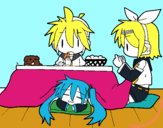 Miku, Rin y Len desayunando