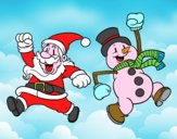 Santa Claus y muñeco de nieve saltando