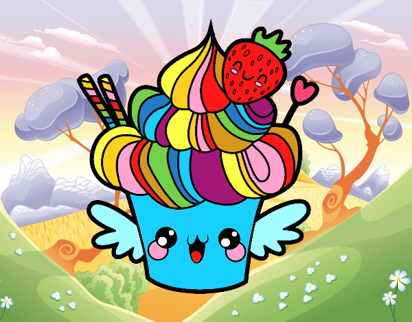 cupcake kawaii con glaseado de arco iris y una fresa