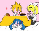 Miku, Rin y Len desayunando