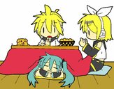 Miku, Rin y Len desayunando