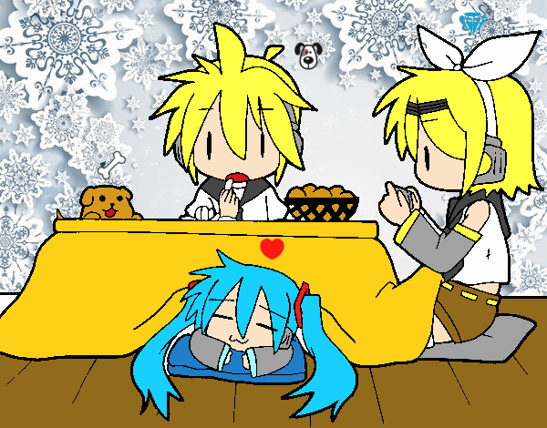 Miku, Rin y Len desayunando