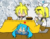 Miku, Rin y Len desayunando