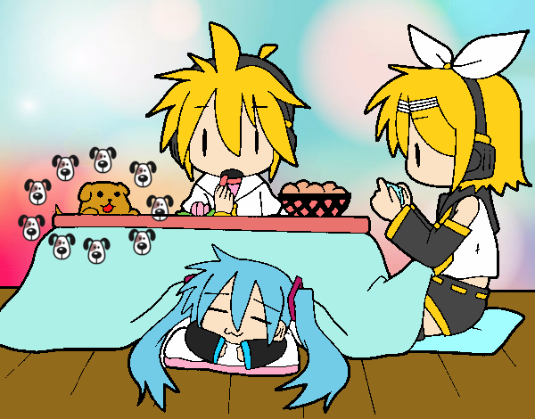 Miku, Rin y Len desayunando