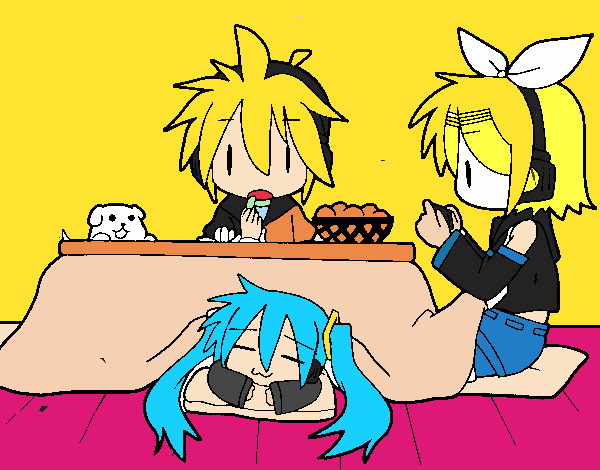 Miku, Rin y Len desayunando