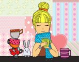 Dibujo Chica con bufanda y taza de té pintado por colorista