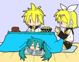 Miku, Rin y Len desayunando