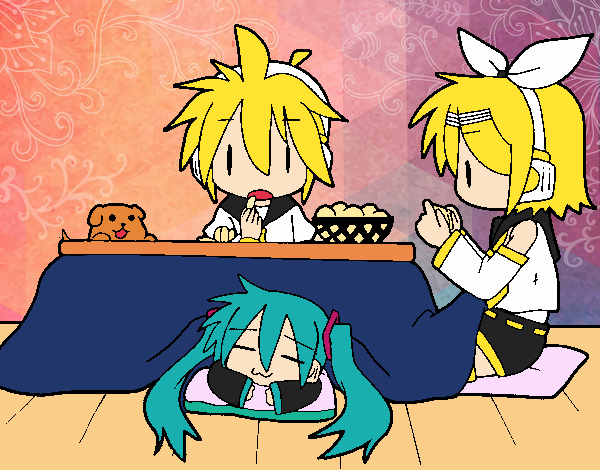 Miku, Rin y Len desayunando