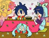 Miku, Rin y Len desayunando