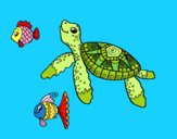 Tortuga de mar con peces