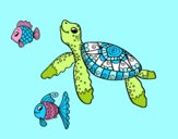 Tortuga de mar con peces