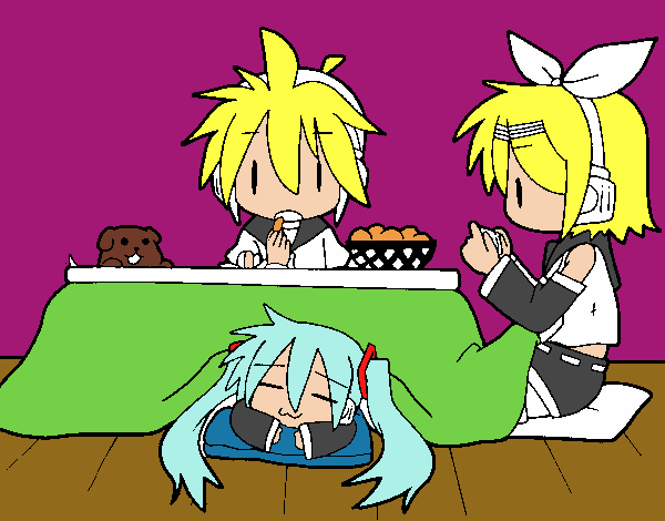 Miku, Rin y Len desayunando