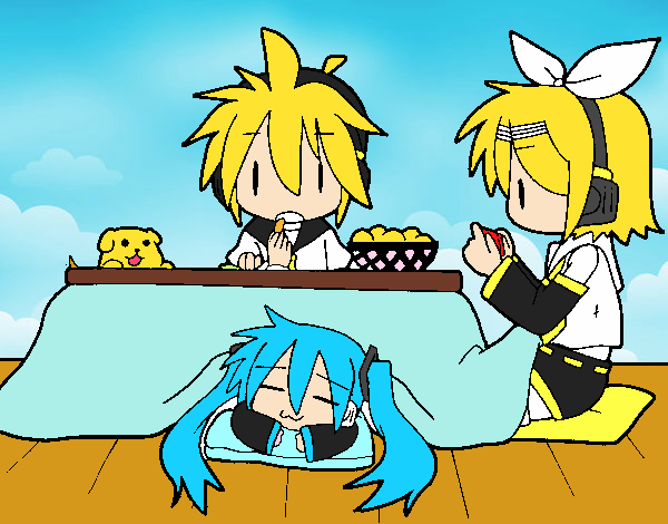 Miku, Rin y Len desayunando