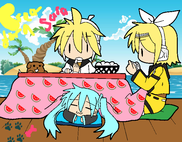 Miku, Rin y Len desayunando