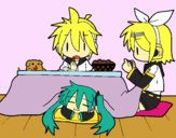 Miku, Rin y Len desayunando