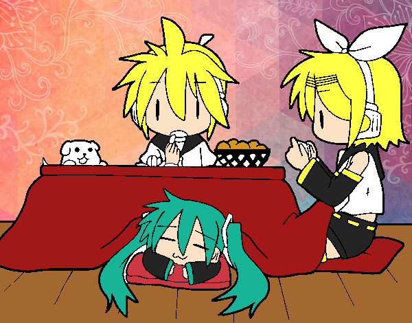 Miku, Rin y Len desayunando