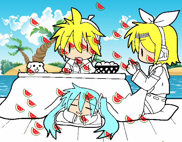 Miku, Rin y Len desayunando