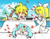 Miku, Rin y Len desayunando