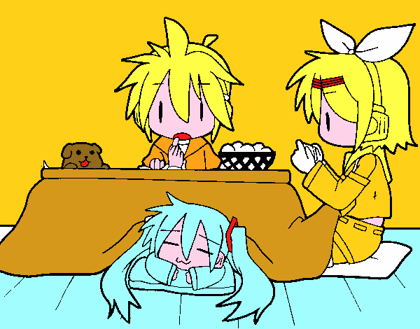 Miku, Rin y Len desayunando