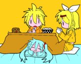 Miku, Rin y Len desayunando