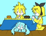 Miku, Rin y Len desayunando