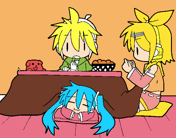 Miku, Rin y Len desayunando