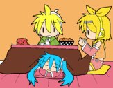 Miku, Rin y Len desayunando