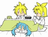 Miku, Rin y Len desayunando