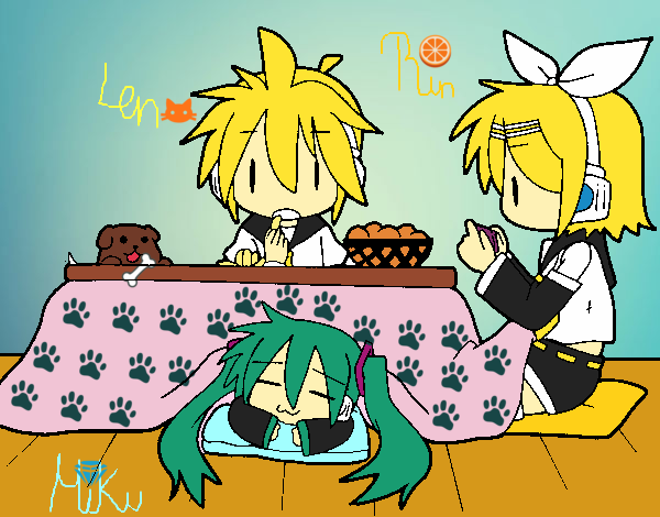 Miku, Rin y Len desayunando