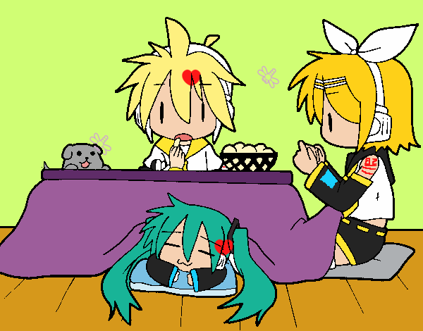 Miku, Rin y Len desayunando