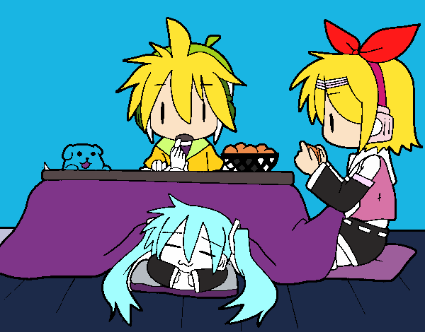 Miku, Rin y Len desayunando