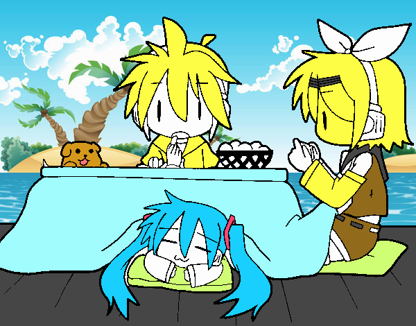 Miku, Rin y Len desayunando