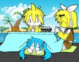 Miku, Rin y Len desayunando