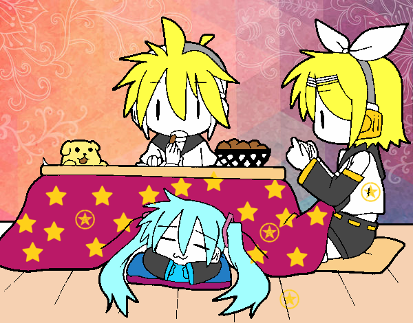 Miku, Rin y Len desayunando