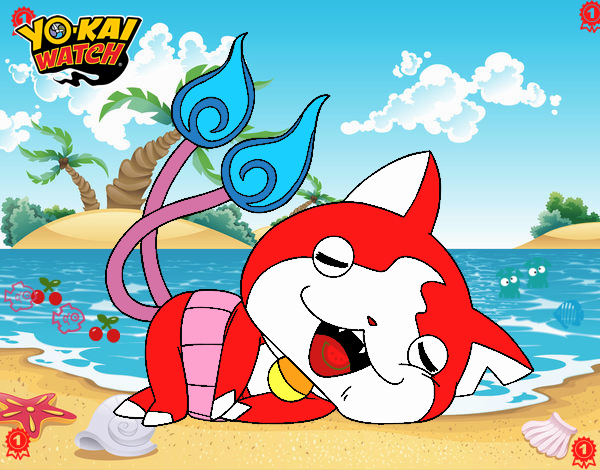 Jibanyan en la playa comiendo sandia