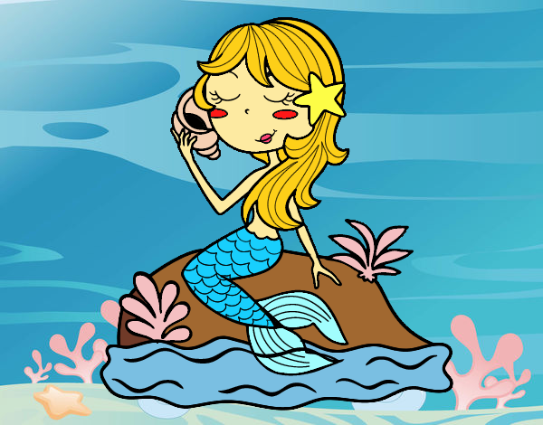 Dibujo Sirena sentada en una roca con una caracola pintado por CeceDrake